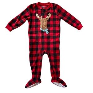 🆕 Carter’s Red Buffalo Plaid Fleece Footie Pajamas Moose With Scarf Size 18 Mo.